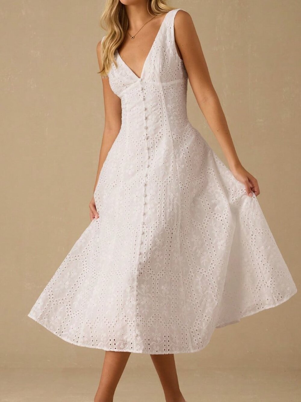 White Elegant Women's Holiday Floral Eyelet V-Neck Sleeveless Dress - Picture 6 of 7
